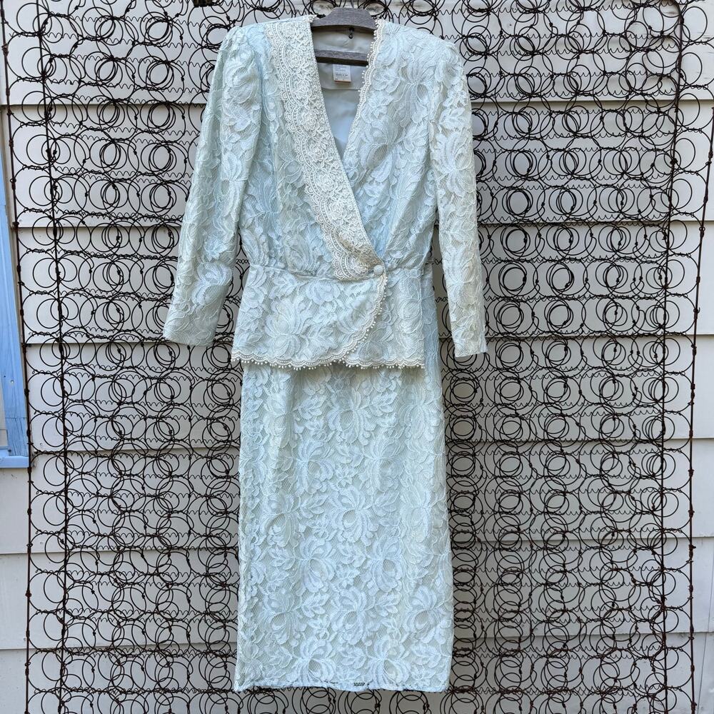 Vintage 80s SCOTT MCCLINTOCK Ice Blue Lace 2 Piece Suit Skirt Jacket Size 6